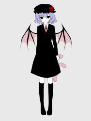Rule 34 | 1girl, alternate costume, bad id, bad pixiv id, black dress, dress, female focus, flat color, flower, full body, hat, po (oq03), purple hair, red eyes, remilia scarlet, rose, short hair, simple background, solo, touhou, white background, wings