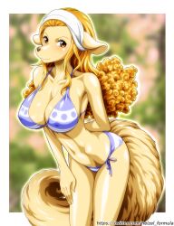 Rule 34 | 1girl, :3, alternate color, animal ears, animal nose, arm behind back, bare legs, bent over, bikini, blonde hair, blush, breasts, brown eyes, collarbone, cowboy shot, curvy, dog ears, dog girl, dog tail, female focus, furry, furry female, hand on own thigh, highres, large breasts, leaning forward, legs together, long hair, looking at viewer, navel, nel-zel formula, one piece, shiny skin, side-tie bikini bottom, sidelocks, simple background, smile, snout, solo, standing, string bikini, swimsuit, tail, thighs, twitter username, wanda (one piece)