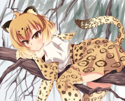 Rule 34 | 10s, 1girl, animal ears, bad id, bad pixiv id, blonde hair, blush, bow, bowtie, elbow gloves, fur collar, gloves, highres, jaguar (kemono friends), jaguar ears, jaguar print, jaguar tail, kemono friends, looking at viewer, multicolored hair, nksk, open mouth, shirt, short hair, short sleeves, skirt, solo, tail, thighhighs, tree