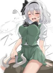 Rule 34 | absurdres, arm support, black bow, black bowtie, black hairband, black ribbon, blush, bob cut, bouncing breasts, bow, bowtie, breasts, closed eyes, collared shirt, commentary, dress shirt, embarrassed, feet out of frame, green skirt, green vest, grey hair, hair bow, hair ribbon, hairband, hand on handle, highres, implied masturbation, konpaku youmu, masturbation, mechanical bull, medium breasts, motion blur, motion lines, open mouth, paid reward available, pleated skirt, puffy short sleeves, puffy sleeves, ribbon, riding, rodeo, scribble, sexually suggestive, shirt, short hair, short sleeves, sitting, skirt, stealth masturbation, straddling, touhou, translated, vest, white background, white shirt, youmu-kun