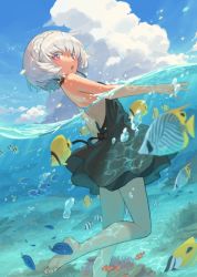 Rule 34 | 1girl, air bubble, bare arms, barefoot, bob cut, bow, bubble, chorefuji, cloud, clownfish, colored eyelashes, commentary request, damselfish, day, fish, fish request, from side, grey hair, holom (chorefuji), leg up, looking at viewer, orange eyes, original, parted lips, partially submerged, partially underwater shot, regal blue tang, short hair, sky, soles, solo, surgeonfish, swimming, toes, tropical fish, underwater, water surface