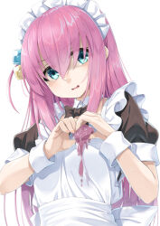 Rule 34 | 1girl, alternate costume, apron, blue eyes, bocchi the rock!, commentary request, cube hair ornament, enmaided, gotoh hitori, hair between eyes, hair ornament, hands up, heart, heart hands, long hair, maid, maid apron, maid headdress, miri (ago550421), one side up, parted lips, pink hair, puffy short sleeves, puffy sleeves, short sleeves, simple background, slime (substance), upper body, very long hair, white apron, white background, wrist cuffs