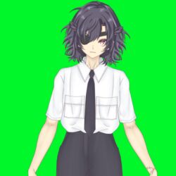 Rule 34 | 1girl, black hair, braid, breasts, collared shirt, eyepatch, green background, looking at viewer, messy hair, mole, necktie, pants, pocket, shirt, short, simple background, solo
