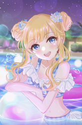 Rule 34 | 1girl, absurdres, ball, bare shoulders, beachball, bikini, blonde hair, blue eyes, breasts, cleavage, collarbone, double bun, earrings, flower, frilled bikini, frills, hair bun, hair flower, hair ornament, hanilz, highres, idolmaster, idolmaster cinderella girls, jewelry, leaning on object, lens flare, long hair, looking at viewer, medium breasts, navel, night, night sky, ohtsuki yui, open mouth, outdoors, pool, short hair with long locks, sky, smile, solo, swept bangs, swimsuit, wading, water, wavy hair
