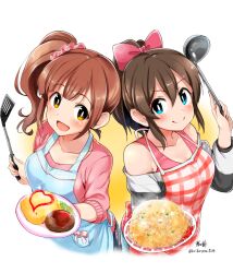 Rule 34 | 2girls, :d, apron, artist name, bare shoulders, black jacket, black skirt, blue apron, blue eyes, blush, bow, breasts, brown eyes, brown hair, cleavage, closed mouth, collarbone, food, fried rice, from above, hair bow, hair ornament, hair ribbon, hair scrunchie, hamburger steak, hands up, highres, holding, holding food, holding ladle, holding spatula, idolmaster, idolmaster cinderella girls, idolmaster cinderella girls starlight stage, idolmaster million live!, idolmaster million live! theater days, igarashi kyoko, jacket, ketchup, kirikirimai (kkm), ladle, large breasts, long hair, long sleeves, looking at viewer, medium breasts, multiple girls, omelet, omurice, open mouth, pink shirt, plaid, plaid apron, ponytail, print skirt, red apron, red ribbon, red tank top, ribbon, satake minako, scrunchie, shirt, side ponytail, sidelocks, signature, simple background, skirt, smile, spatula, tank top, twitter username, two-tone background, vegetable, white background, yellow background