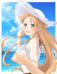 Rule 34 | 1girl, absurdres, asuna (sao), bare arms, bare shoulders, beach, blue sky, blush, braid, breasts, cloud, dress, floating hair, hat, highres, holding, igumustika, large breasts, long hair, looking at viewer, nail polish, necktie, open mouth, orange eyes, orange hair, parted bangs, parted lips, sky, smile, sun hat, sword art online, teeth, tongue, water, white dress