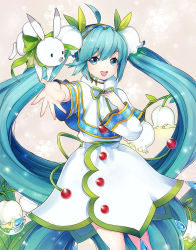 Rule 34 | 1girl, ahoge, aqua eyes, aqua hair, flower, hand on own chest, hatsune miku, headset, highres, kimijima0301, kimijima (kimijima0301), lily of the valley, long hair, looking at viewer, outstretched arm, rabbit, snowdrop (flower), snowflakes, twintails, very long hair, vocaloid, yuki miku, yukine (vocaloid)