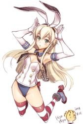 Rule 34 | 1girl, adapted costume, anchor hair ornament, artist name, bird, blonde hair, breasts, chick, dated, detached collar, elbow gloves, full body, gloves, green eyes, hair ornament, hairband, hiyohiyo, kantai collection, leotard, necktie, playboy bunny, rabbit pose, shimakaze (kancolle), signature, small breasts, solo, strapless, strapless leotard, striped clothes, striped thighhighs, taut leotard, thighhighs, white gloves