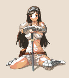 Rule 34 | 1girl, aisha (ash), archaic sealed heat, armor, ash (game), brown eyes, brown hair, crown, gauntlets, greaves, hands on hilt, hat, imo works, long hair, sitting, solo, sword, wariza, weapon