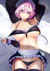 Rule 34 | 1girl, :o, alternate costume, apron, arm up, armpits, bare shoulders, bed, bed sheet, bikini, bikini top only, black bikini, black choker, black skirt, black thighhighs, blush, breasts, choker, clothes lift, collarbone, commentary request, cowboy shot, detached sleeves, fate/grand order, fate (series), frilled apron, frilled bikini, frilled bikini top, frilled sleeves, frills, from above, garter belt, gluteal fold, hair between eyes, head tilt, highres, large breasts, long sleeves, lying, maid, maid bikini, mash kyrielight, navel, on back, open mouth, pillow, pink hair, purple eyes, short hair, skirt, skirt lift, solo, swimsuit, thighhighs, unconventional maid, underboob, untied bikini, white apron, wrist cuffs, xiaodi