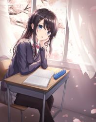 Rule 34 | 1girl, absurdres, arm support, black pantyhose, blazer, blue eyes, blue jacket, blue skirt, blush, bow, bowtie, brown hair, chair, cherry blossoms, classroom, collared shirt, curtains, desk, flower, hand on own face, head tilt, highres, indoors, jacket, long hair, long sleeves, looking at viewer, notebook, open mouth, original, pantyhose, pencil case, petals, pink flower, pleated skirt, red bow, red bowtie, school uniform, shirt, sitting, skirt, solo, white shirt, window, zeroillya