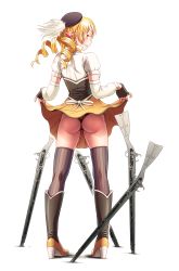 Rule 34 | 1girl, ass, back, black gloves, black panties, blonde hair, blush, boots, bow, clothes lift, detached sleeves, drill hair, fingerless gloves, fingernails, from behind, full body, gloves, gun, hair ornament, hat, high heels, highres, knee boots, looking back, magical musket, mahou shoujo madoka magica, mahou shoujo madoka magica (anime), monogatari (series), nail polish, panties, parody, parted lips, pigeon-toed, profile, red eyes, senjougahara pose, short sleeves, simple background, skirt, skirt lift, smile, solo, standing, striped clothes, striped thighhighs, thighhighs, thong, tomoe mami, underwear, upskirt, vertical-striped clothes, vertical-striped thighhighs, weapon, white background, wokada