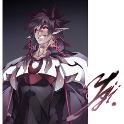 Rule 34 | 1boy, :d, armor, black sclera, breastplate, colored sclera, cowboy shot, grin, kousaki rui, male focus, mixed-sex bathing, open mouth, original, pointy ears, purple hair, red eyes, shared bathing, shoulder pads, smile, solo, spiked hair, standing, teeth