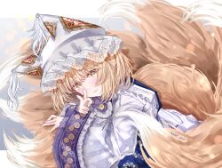 Rule 34 | 1girl, :3, animal ear headwear, animal ears, blonde hair, closed mouth, commentary request, dress, fake animal ears, fox girl, fox tail, hat, highres, kitsune, kyuubi, looking at viewer, multiple tails, sarasadou dan, short hair, slit pupils, smile, solo, tail, touhou, upper body, v, white dress, white hat, wide sleeves, yakumo ran, yellow eyes