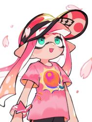 1girl blonde_hair cherry_blossoms commentary falling_petals gradient_hair green_eyes hat highres inari1369 inkling inkling_girl inkling_player_character long_hair looking_up multicolored_hair nintendo open_mouth petals pink_hair pink_hat pink_petals pink_shirt pointy_ears print_shirt shirt short_sleeves smile solo splatoon_(series) splatoon_3 symbol-only_commentary t-shirt tentacle_hair visor_cap white_background wristband