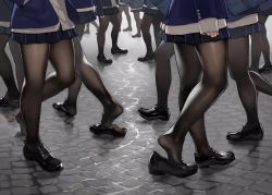 Rule 34 | 6+girls, black footwear, blazer, blue skirt, cardigan, day, highres, jacket, legs, loafers, lower body, miniskirt, multiple girls, open jacket, open clothes, open jacket, original, outdoors, pantyhose, pleated skirt, shoes, skirt, sleeves past wrists, standing, thighs, yomu (sgt epper)