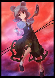 Rule 34 | 1girl, animal ears, bishamonten&#039;s pagoda, border, capelet, dowsing rod, female focus, grey hair, highres, ikamagu, ikmg, jewelry, lens flare, mouse (animal), mouse ears, mouse tail, nazrin, pendant, red eyes, red sky, short hair, sky, solo, tail, touhou