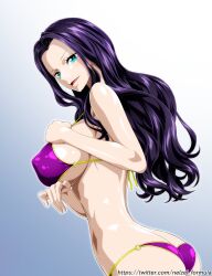 Rule 34 | 1girl, ass, black hair, blue eyes, breasts, covered erect nipples, female focus, highres, large breasts, long hair, nel-zel formula, nico robin, one piece, open mouth, panties, smile, swimsuit, text focus, translation request, twitter username, underwear