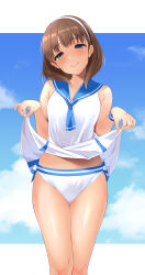 Rule 34 | 1girl, bare arms, bare shoulders, bikini, blue eyes, blue sailor collar, blue sky, blush, breasts, brown eyes, brown hair, closed mouth, clothes lift, collarbone, cowboy shot, day, dress, highres, idolmaster, idolmaster cinderella girls, lifted by self, looking at viewer, medium breasts, neckerchief, nishi (count2.4), outdoors, sailor bikini, sailor collar, sailor dress, sailor swimsuit (idolmaster), sakuma mayu, sky, sleeveless, smile, solo, standing, swimsuit, swimsuit under clothes, white dress