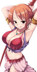 Rule 34 | 1girl, armlet, armpits, arms behind head, arms up, belly dancer, breasts, brown eyes, cleavage, cowboy shot, earrings, from above, half-closed eyes, highres, holding, holding staff, jewelry, large breasts, licking lips, looking at viewer, midriff, nami (one piece), navel, necklace, one piece, orange hair, seductive smile, short hair, simple background, smile, staff, tongue, tongue out, tsurime, white background