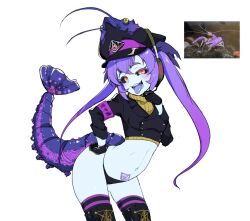 Rule 34 | 1girl, animal hat, black pantyhose, black shirt, boots, buttons, colored skin, colored tongue, cowboy shot, double-breasted, hat, highres, monster girl, original, pantyhose, personification, police hat, purple hair, purple tongue, ryuu tou, shirt, shrimp, shrimp girl, simple background, socks, solo, sweater, tail, thighs, tongue, tongue out, twintails, white background