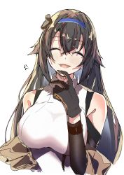 Rule 34 | 1girl, absurdres, anger vein, arm warmers, bare shoulders, breasts, closed eyes, e sky rugo, finger to own chin, girls&#039; frontline, gloves, hair flaps, highres, large breasts, long hair, mole, mole under eye, open mouth, revision, sidelocks, sleeveless, smile, solo, super sass (girls&#039; frontline), super sass (mod3) (girls&#039; frontline), very long hair