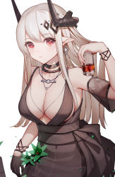 Rule 34 | 1girl, absurdres, arknights, black dress, black gloves, blonde hair, breasts, cleavage, closed mouth, dress, earrings, gloves, highres, horns, jean.organ, jewelry, large breasts, long hair, looking at viewer, mudrock (arknights), necklace, red eyes, simple background, solo, standing, white background