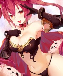 Rule 34 | 1girl, absurdres, animal ears, armor, armpits, bare shoulders, bikini armor, black choker, black gloves, black panties, blush, bow, breasts, cerberus (shingeki no bahamut), choker, cleavage, collarbone, commentary request, dog ears, dog girl, dutch angle, gloves, hair between eyes, hand puppet, hands up, highres, large breasts, long hair, looking at viewer, narrow waist, navel, open mouth, panties, puppet, raised eyebrows, red bow, red eyes, red hair, shadowverse, shingeki no bahamut, solo, strapless, twintails, underwear, very long hair, wide hips, yamato (muchuu paradigm)