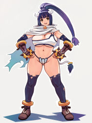 Rule 34 | 1girl, bell, breasts, cape, elbow gloves, full body, gloves, hands on own hips, high ponytail, highres, horns, large breasts, legs apart, looking at viewer, mugen no fantasia, navel, open mouth, ponytail, ryoji (nomura ryouji), solo, standing, tail, thighhighs, torn clothes, underboob, wide stance