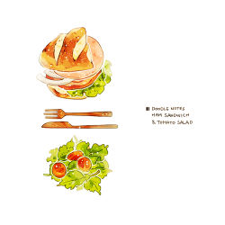 Rule 34 | commentary, cyannism, english commentary, english text, food, food focus, fork, ham, knife, meat, no humans, onion, original, salad, sandwich, simple background, tomato, vegetable, white background