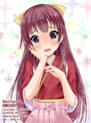 Rule 34 | 10s, 1girl, :d, blush, bow, brown eyes, brown hair, character name, character profile, commentary request, hair bow, hair ribbon, hand on own cheek, hand on own face, highres, jewelry, kamikaze (kancolle), kantai collection, long hair, looking at viewer, matching hair/eyes, meiji schoolgirl uniform, neko danshaku, open mouth, ribbon, ring, smile, solo, tasuki, tearing up, tears, wedding band