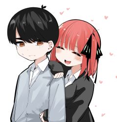 Rule 34 | 1boy, 1girl, :d, ^ ^, antenna hair, black hair, black jacket, black ribbon, blunt bangs, blush, butterfly hair ornament, chibi, closed eyes, commentary, couple, eyebrows hidden by hair, frown, go-toubun no hanayome, hair ornament, hair ribbon, hand on another&#039;s shoulder, happy, heart, hetero, highres, hug, hug from behind, jacket, mame1645, medium hair, nakano nino, open clothes, open jacket, open mouth, pink hair, ribbon, round teeth, short hair, simple background, sleeves past wrists, smile, straight hair, sweatdrop, swept bangs, teeth, two side up, uesugi fuutarou, upper body, upper teeth only, white background, yellow eyes