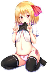 Rule 34 | 1girl, black thighhighs, blonde hair, blush, clothes lift, double v, ebi 193, hair ribbon, mouth hold, navel, no pants, panties, red eyes, ribbon, rumia, shirt lift, short hair, simple background, sitting, smile, solo, stomach, thighhighs, touhou, underwear, v, wariza
