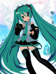 2girls 3d absurdres animasa_model_(mikumikudance) api_model_(mikumikudance) aqua_eyes aqua_hair bare_shoulders blue_eyes blue_hair blush commentary detached_sleeves english_commentary hachune_miku hair_between_eyes hair_ornament hatsune_miku highres kio_(majin_kz) long_hair looking_at_viewer mikumikudance mikumikudance_(medium) multiple_girls multiple_persona necktie shirt skirt sleeveless smile solo spring_onion thighhighs twintails very_long_hair vocaloid wings