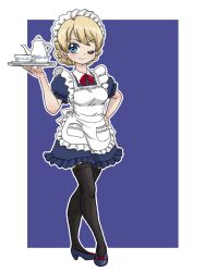 Rule 34 | 1girl, ;), alternate costume, apron, black thighhighs, blonde hair, blue background, blue eyes, blue footwear, braid, braided bun, closed mouth, collared dress, commentary, cup, darjeeling (girls und panzer), dress, enmaided, frilled dress, frilled sleeves, frills, full body, girls und panzer, hair bun, hand on own hip, high heels, holding, holding tray, looking at viewer, maid, maid apron, maid headdress, neck ribbon, one eye closed, outline, outside border, pantyhose, puffy short sleeves, puffy sleeves, red ribbon, ribbon, saucer, short dress, short hair, short sleeves, smile, solo, standing, takahashi kurage, teacup, teapot, textless version, thighhighs, tray, twin braids, white apron, white outline, wing collar