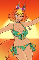 Rule 34 | 1girl, 2020, animal ears, audie (animal crossing), bikini, blonde hair, blush, breasts, cleavage, collarbone, animal crossing, eyebrows, eyewear on head, fangs, fox ears, fox tail, green eyes, highres, humanization, large breasts, looking at viewer, multicolored hair, navel, nintendo, one eye closed, open mouth, orange hair, outstretched arms, short hair, side-tie bikini bottom, smile, solo, sunglasses, sunglasses on head, sunset, swimsuit, taggo, tail, teeth, wolf ears, wolf tail