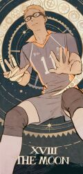 Rule 34 | 1boy, bandaged hand, bandages, brown eyes, chengongzi123, closed mouth, collared shirt, english text, feet out of frame, gears, glasses, grey shirt, grey shorts, haikyuu!!, hands up, hashtag-only commentary, highres, knee pads, light brown hair, male focus, shirt, short sleeves, shorts, sportswear, standing, sweat, tarot, the moon (tarot), tsukishima kei, volleyball uniform