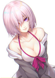 Rule 34 | 1girl, bare shoulders, bikini, blush, breasts, cleavage, collarbone, commentary request, fate/grand order, fate (series), grey jacket, hair over one eye, highres, hood, hooded jacket, jacket, light purple hair, long sleeves, looking at viewer, mash kyrielight, mash kyrielight (swimsuit of perpetual summer), medium breasts, official alternate costume, purple eyes, re (re 09), short hair, smile, solo, swimsuit, upper body, white bikini