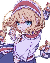Rule 34 | 1girl, absurdres, alice margatroid, apron, ascot, blonde hair, blue dress, blue eyes, boots, bow, brown footwear, capelet, cross-laced footwear, doll, dress, frilled ascot, frilled dress, frilled hairband, frills, grimoire of alice, hair bow, hairband, highres, jewelry, kame (kamepan44231), lolita hairband, medium hair, mini person, minigirl, puffy short sleeves, puffy sleeves, puppet rings, red ascot, red hairband, ring, shanghai doll, short sleeves, simple background, solo, sword, touhou, waist apron, weapon, white background, white capelet, yellow eyes