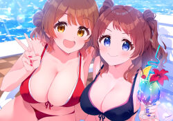 2girls beach_chair bikini black_bikini blush breasts brown_hair cleavage collarbone commentary_request cup double_bun fingernails gakuen_idolmaster gradient_hair hair_bun halterneck hanami_saki hanami_ume highres holding holding_cup idolmaster ima_(lm_ew) large_breasts layered_bikini long_hair looking_at_viewer multicolored_hair multiple_girls nail_polish orange_hair pool red_bikini siblings signature single_side_bun sisters smile swimsuit