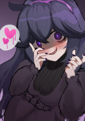 Rule 34 | 1girl, :d, @ @, ahoge, black hair, black nails, blurry, blush, bright pupils, commentary request, creatures (company), curly hair, dress, game freak, hair between eyes, hairband, hands up, heart, hex maniac (pokemon), highres, long hair, long sleeves, metoranran, nail polish, nintendo, open mouth, pokemon, pokemon xy, purple background, purple eyes, purple hairband, smile, solo, spoken heart, white pupils