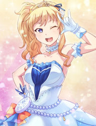 Rule 34 | 10s, 1girl, :d, ;d, arm up, armpits, bare shoulders, beads, blonde hair, blue eyes, bracelet, breasts, detached collar, dress, e20, female focus, gloves, hand on own hip, highres, idolmaster, idolmaster cinderella girls, idolmaster cinderella girls starlight stage, jewelry, large breasts, long hair, looking at viewer, one eye closed, ohtsuki yui, open mouth, pocket watch, ponytail, ribbon, side ponytail, sleeveless, sleeveless dress, smile, solo, sparkle, teeth, tiara, watch, white gloves