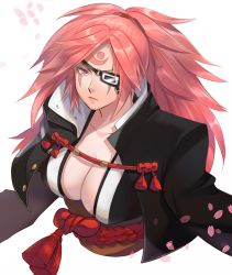 Rule 34 | 1girl, amputee, baiken, belt bra, black jacket, breasts, buttons, cherry blossoms, cleavage, eyepatch, facial tattoo, from above, guilty gear, guilty gear xrd, hair ribbon, high collar, highres, jacket, japanese clothes, kataginu, large breasts, long hair, looking up, one-eyed, petals, pink eyes, pink hair, ribbon, rokumi tsuki, sash, scar, scar across eye, scar on face, scowl, simple background, solo, tattoo, upper body, white background
