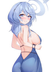 Rule 34 | 1girl, ako (blue archive), ako (dress) (blue archive), ass, bare back, blue archive, blue dress, blue eyes, blue hair, bracelet, breasts, dress, highres, itaba atsushi, jewelry, large breasts, long hair, looking at viewer, medium hair, official alternate costume, sideboob, simple background, solo, white background