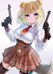 Rule 34 | 1girl, animal ears, black gloves, blonde hair, blue eyes, breasts, brown skirt, brown thighhighs, collared shirt, colt single action army, cowboy shot, dog ears, dog girl, dog tail, gloves, gun, handgun, high-waist skirt, highres, holding, holding gun, holding weapon, hololive, hololive english, inari (ambercrown), kemonomimi mode, large breasts, long sleeves, looking at viewer, necktie, parted lips, plaid, plaid skirt, pleated skirt, pocket watch, red necktie, revolver, shirt, short hair, simple background, skirt, smile, solo, tail, thigh strap, thighhighs, trigger discipline, underbust, virtual youtuber, watch, watson amelia, weapon, white background, white shirt, zettai ryouiki