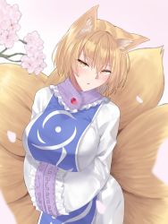 Rule 34 | 1girl, animal ear fluff, animal ears, blonde hair, blush, branch, breasts, cherry blossoms, commentary, cowboy shot, doitsuudon, dress, fox ears, fox tail, hair between eyes, hands in opposite sleeves, highres, large breasts, looking at viewer, multiple tails, no headwear, no headwear, parted lips, petals, pink background, short hair, simple background, solo, tabard, tail, touhou, white dress, wide sleeves, yakumo ran, yellow eyes