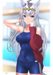 Rule 34 | 1girl, absurdres, ahoge, animal ears, arm behind head, arm up, artist name, blue eyes, blue one-piece swimsuit, blue school swimsuit, blurry, blurry background, breasts, clothes pull, covered navel, cowboy shot, depth of field, ear ornament, grey hair, hair ornament, highres, horse ears, horse girl, horse tail, jacket, jacket pull, large breasts, light frown, long hair, looking at viewer, nontraditional school swimsuit, oguri cap (umamusume), one-piece swimsuit, oryou gunsou, parted lips, red jacket, school swimsuit, signature, single vertical stripe, solo, standing, swimsuit, tail, tracen swimsuit, track jacket, umamusume, undressing
