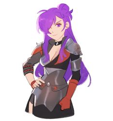 Rule 34 | 1girl, armor, asymmetrical clothes, breasts, cleavage, female focus, fire emblem, fire emblem: three houses, fire emblem warriors, fire emblem warriors: three hopes, gloves, hair bun, hair over one eye, highres, lilyglazed, long hair, looking at viewer, matching hair/eyes, medium breasts, nintendo, purple eyes, purple hair, shez (female) (fire emblem), shez (fire emblem), single glove, single hair bun, smile, solo