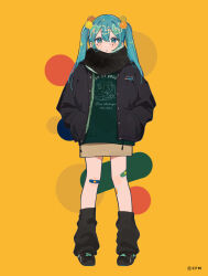 1girl bandaid bandaid_on_leg black_footwear black_jacket black_leg_warmers blue_eyes blue_hair brown_skirt double-parted_bangs full_body green_shirt hair_between_eyes hair_bobbles hair_ornament hands_in_pockets hassan_(sink916) hatsune_miku highres jacket leg_warmers long_hair long_sleeves looking_at_viewer neck_warmer open_clothes open_jacket parted_lips shirt shoes skirt sneakers solo twintails vocaloid yellow_background