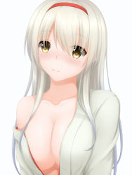 Rule 34 | 10s, 1girl, bare shoulders, blush, breasts, brown eyes, cleavage, closed mouth, collarbone, eyebrows, eyes visible through hair, female focus, gengodou, hairband, japanese clothes, kantai collection, large breasts, long hair, loose clothes, loose shirt, off shoulder, shirt, shoukaku (kancolle), silver hair, simple background, smile, solo, straight hair, tapisuke, upper body, white background, yellow eyes
